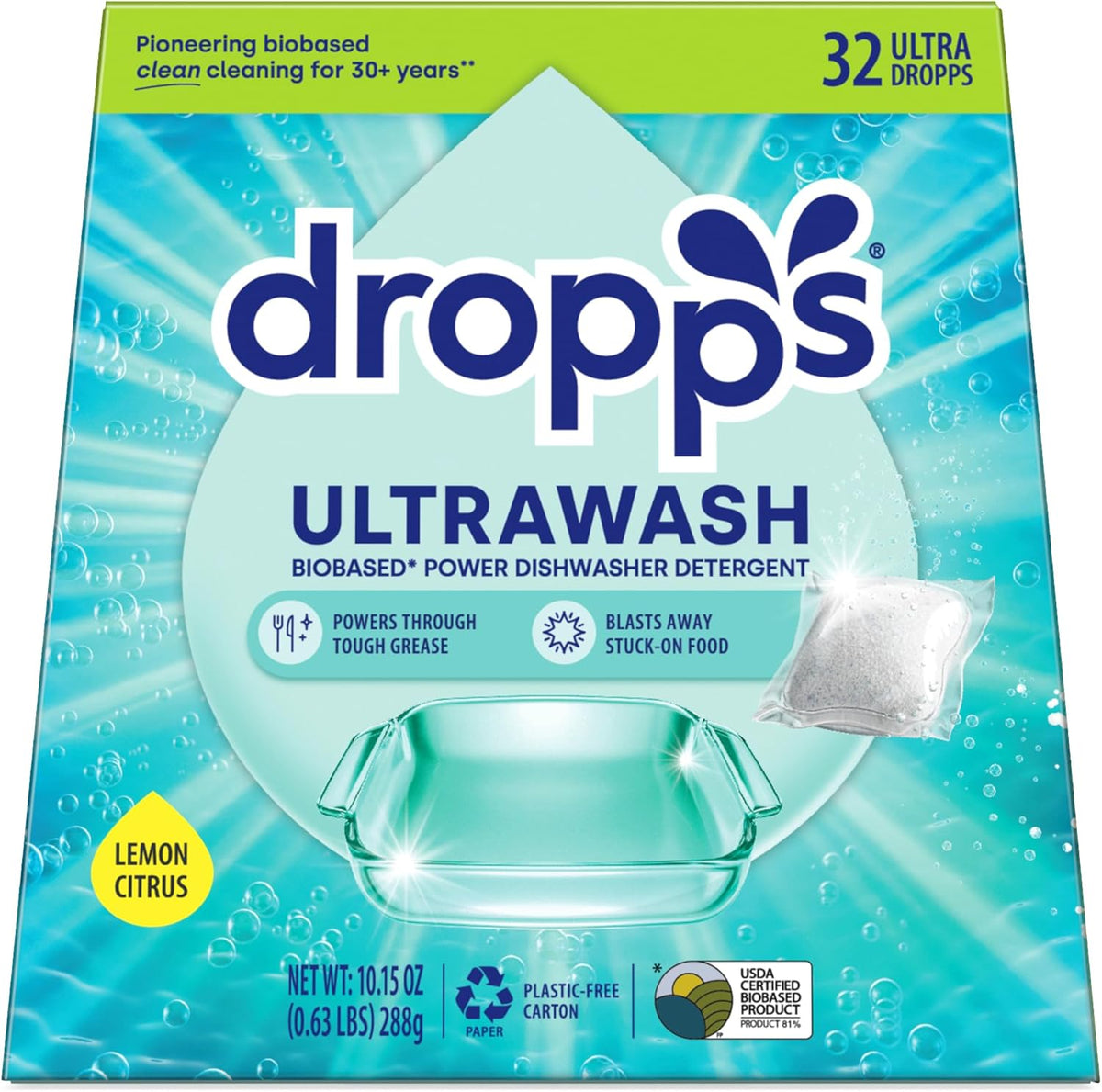 Dropps UltraWash Dishwasher Pods, Lemon Citrus (32 Count) - Biobased Power Deep Clean Dishwasher Detergent Tablets for Sparkling Shiny Dishes - No Rinse Aid or Pre-Wash Needed - Dishwashing Pods