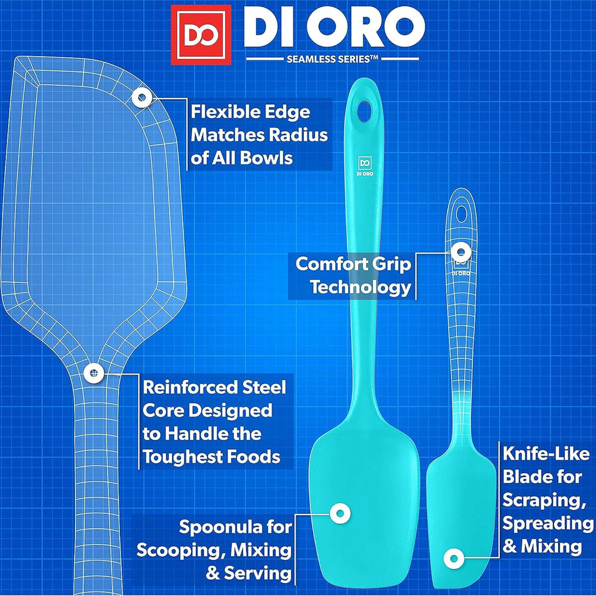 DI ORO Silicone Spatula Set - Rubber Kitchen Spatulas for Baking, Cooking, & Mixing - 600°F Heat-Resistant & BPA Free Silicone Scraper Spatulas for Nonstick Cookware - Dishwasher Safe (4pc, Teal)