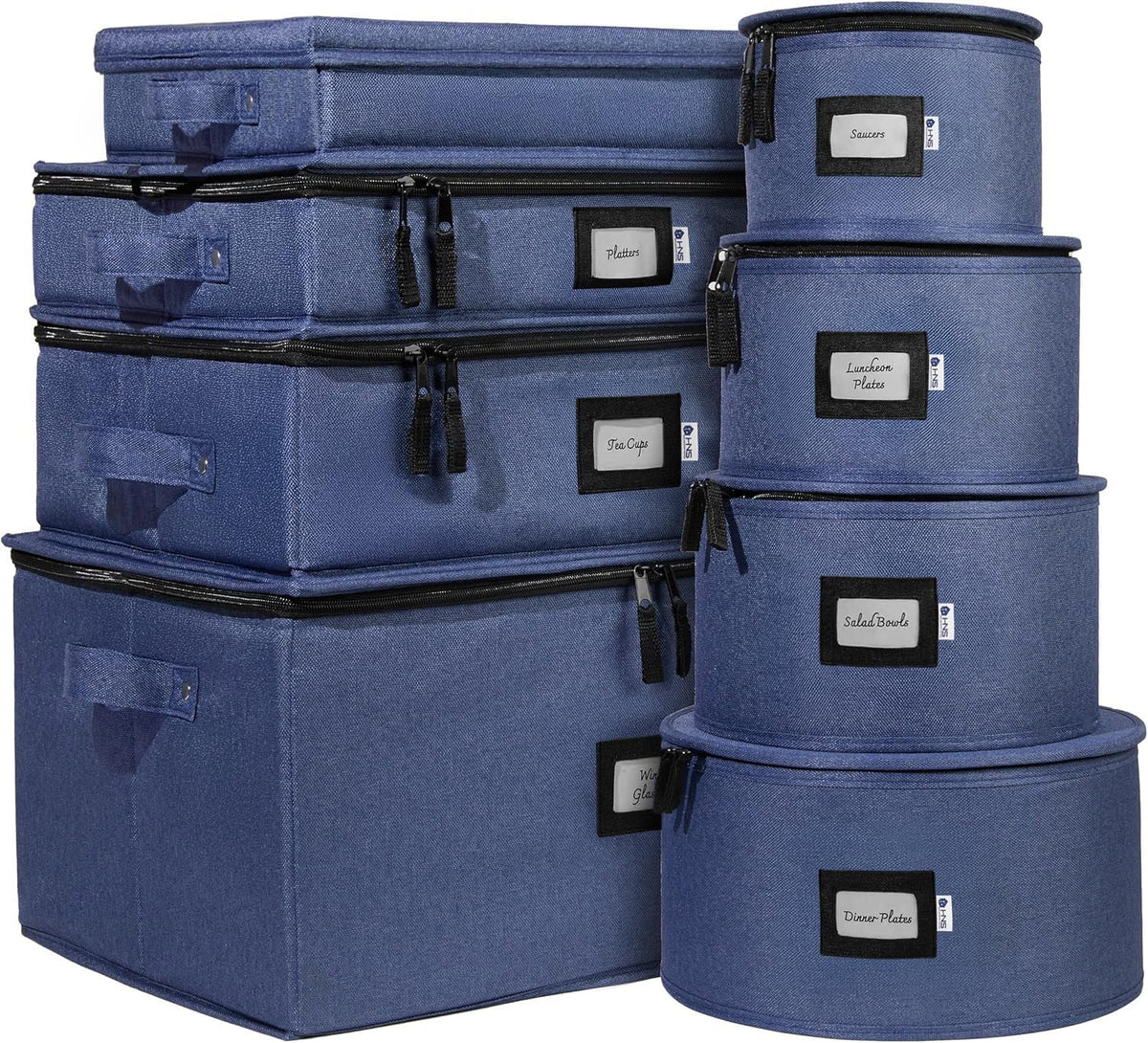 Hard Shell China Storage Containers 8-Piece Set Moving Boxes for Dinnerware, Glasses, Plates, Mugs and Saucers Sturdy Dish Organizer with Dividers for Seasonal Storage - Service for 12 - Denim Blue