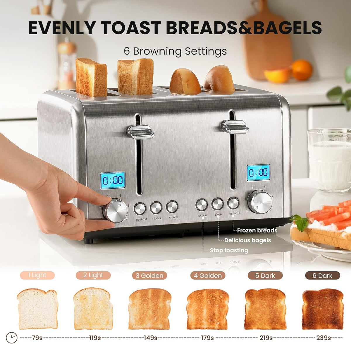 Countdown Stainless Steel 4 Slice Toaster with Bagel, Defrost, Cancel Function, Dual Toaster, Extra Wide Slots, 6 Shade Settings, Removable Crumb Trays, 1650W