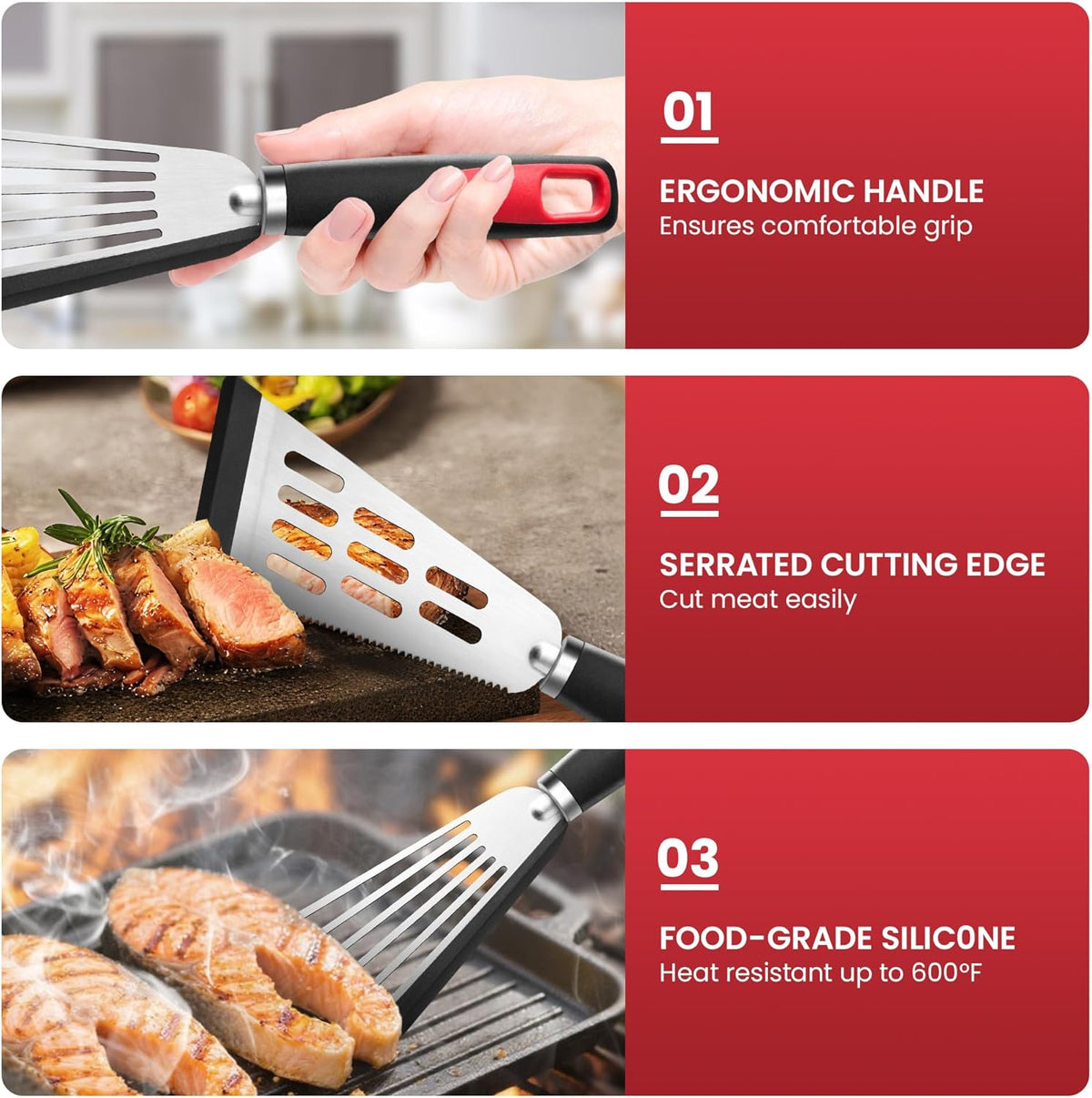 Fish Spatula Turner Set of 2, 600ºF Heat Resistant Silicone Spatulas for Nonstick Cookware, Metal Slotted Spatula with Silicone Edge for Fish, Egg, Pancake, Dishwasher Safe