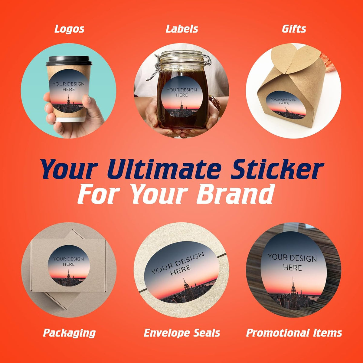 100 Custom Vinyl Stickers - Upload Your own Image, Text, Design, Logo - Personalized Logo Labels for Handmade, Packaging, Bottle, Jars, Candle, Brand Stickers (City, 5x5)