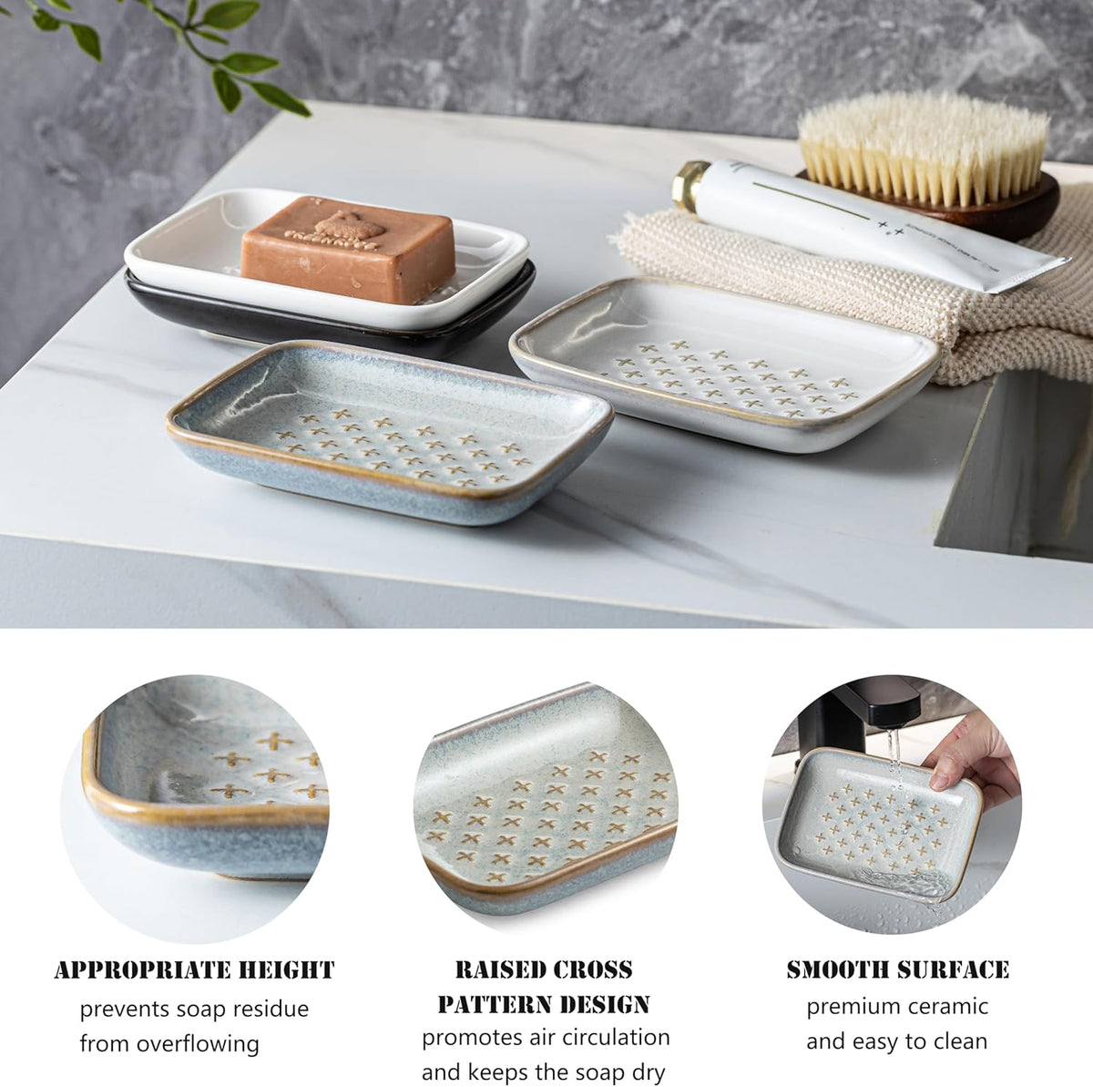 Gomakren Soap Dish, Shower Soap Holder, Ceramic Soap Dishes for Bar Soap Sponge Shampoo, Soap Saver Tray for Bathroom Kitchen Sink Counter, 5.5 Inch, Gray