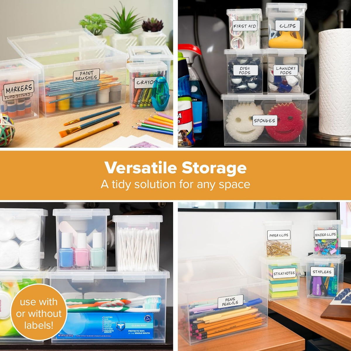Bostitch Konnect Storage Containers with Lids, Organizer, Clear Plastic Box, Stackable Nesting Bins, 5-Piece Bundle, 1 Large, 2 Medium, 2 Small