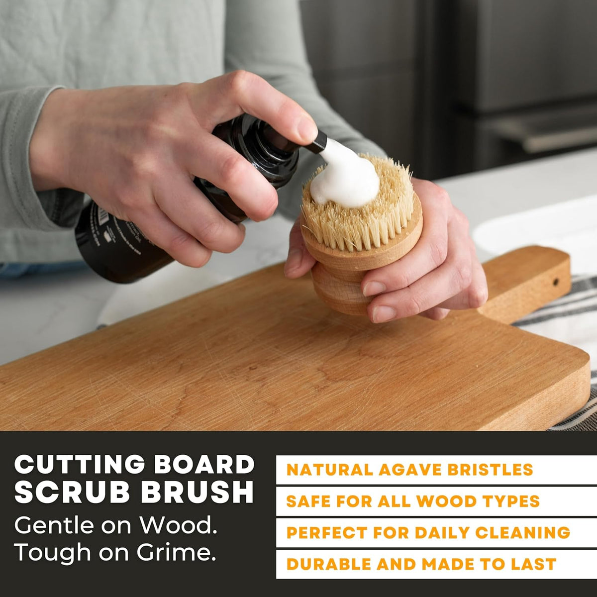 Cutting Board Scrub Brush - Effective Cleaning Brush for Cutting Boards and Butcher Blocks - Premium Natural Agave Bristles - Multi-Purpose Kitchen Scrubber - Ergonomic Design - Food Grade