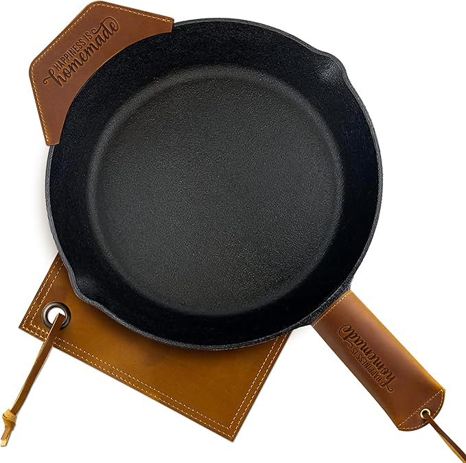 GROBRO7 3Pcs Cast Iron Skillet Hot Handles Covers Set Happiness is Homemade Panhandle Sleeve Side Grip Cover, Leather Handmade Pot Holder Heat Resistant Reusable Assist for Pan Kitchen Utensils Brown