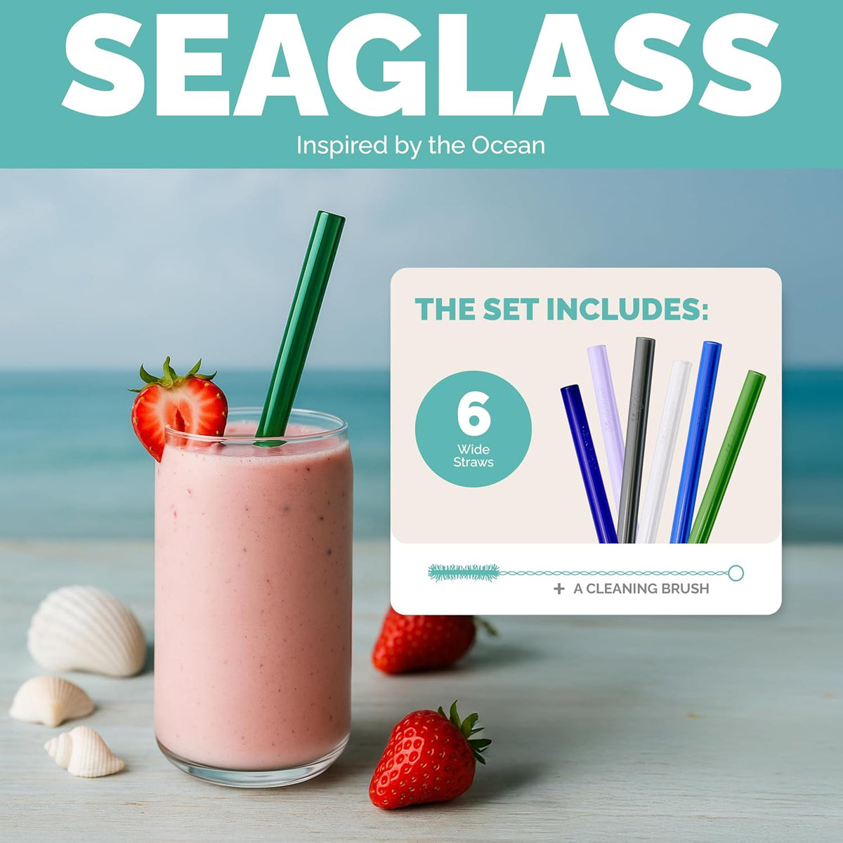 Simply Straws 8 Inch Wide Glass Straws (6-Pack) - 12mm Reusable Boba Straws for Milkshakes & Smoothies, with Cleaning Brush - Dishwasher Safe, Hot & Cold Use, BPA-Free (Seaglass)