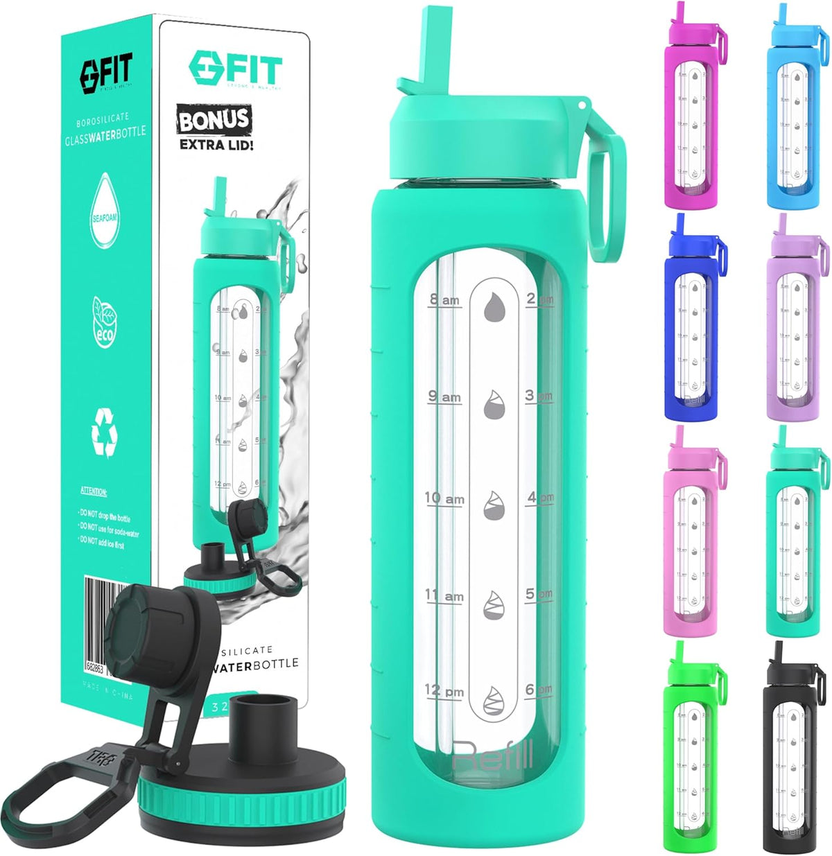 FIT Strong & Healthy 32 oz Glass Water Bottle with Straw Lid, Time Marker, Sleeve & Extra Lid - Motivational, Wide Mouth 1 Liter Glass Drinking Bottle