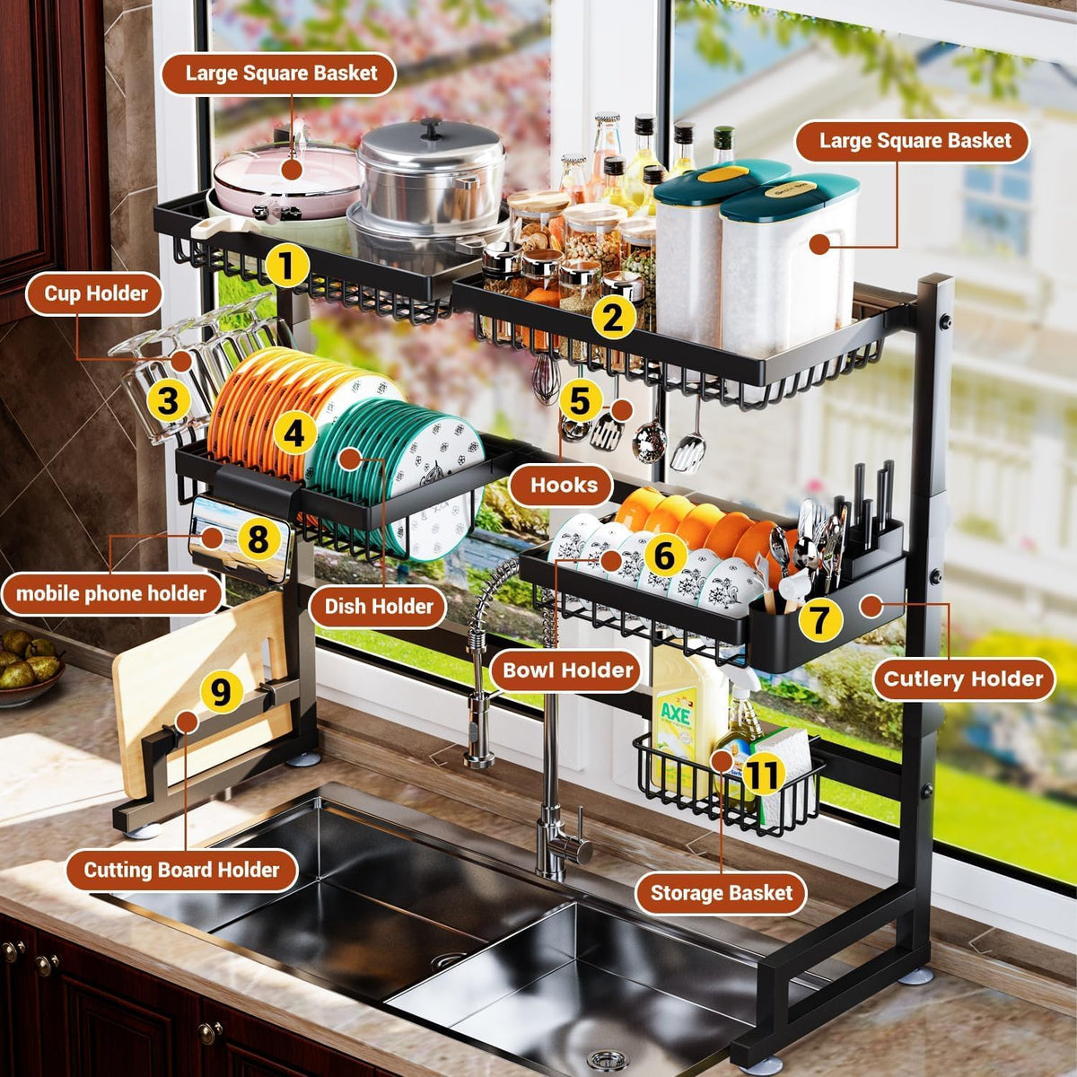 Over The Sink Dish Drying Rack 27-40L x 12W x 32.5-37H (inches) (Expandable Height and Length) Snap-On Design 2 Tier Large Dish Rack