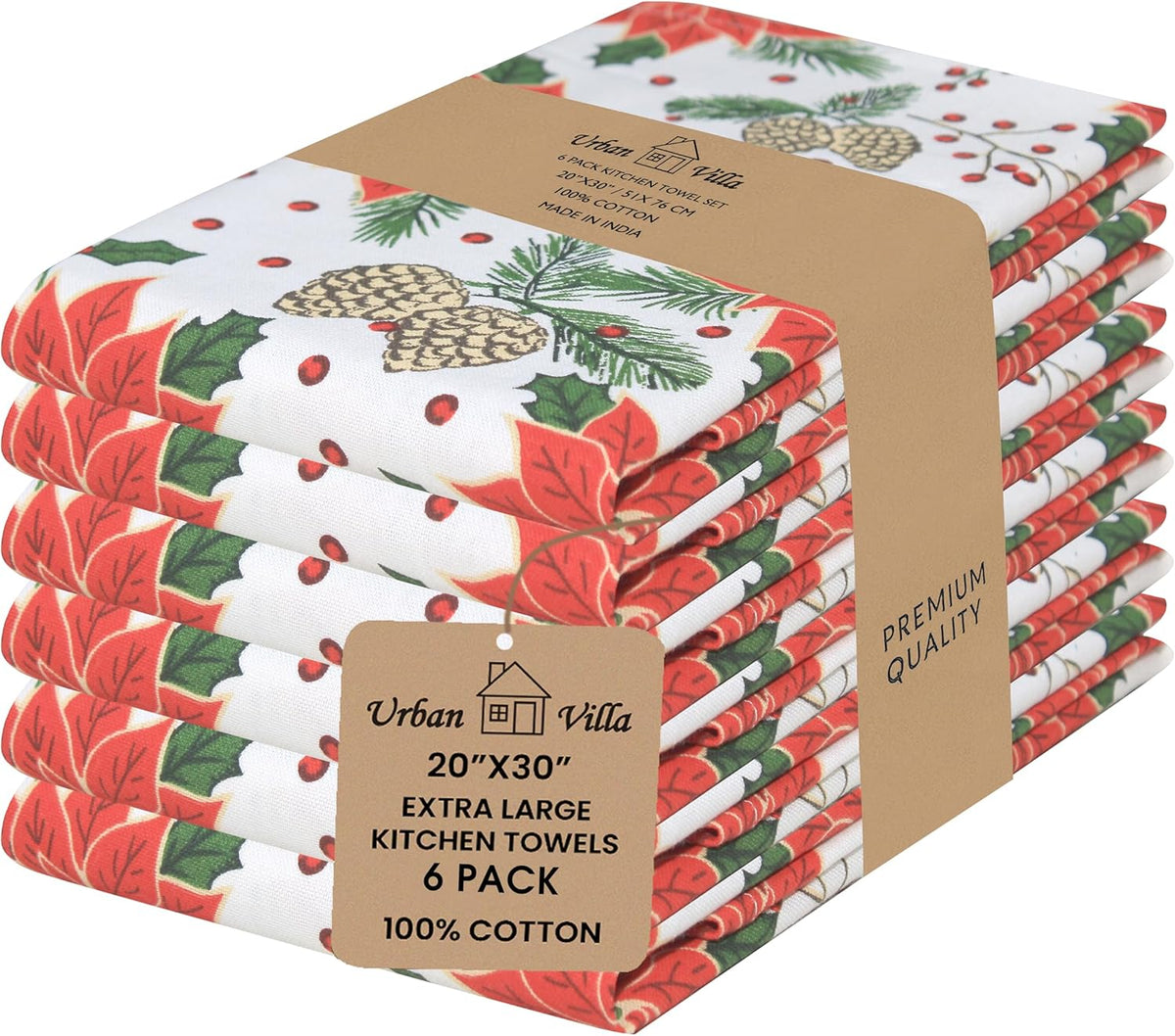 Urban Villa Christmas Kitchen Towels Pine Cone Print Multi Color, Premium Quality,100% Cotton Dish Towels Mitered Corners (Size: 20X30 Inch), Highly Absorbent Bar Towels & Tea Towels - (Set of 6)