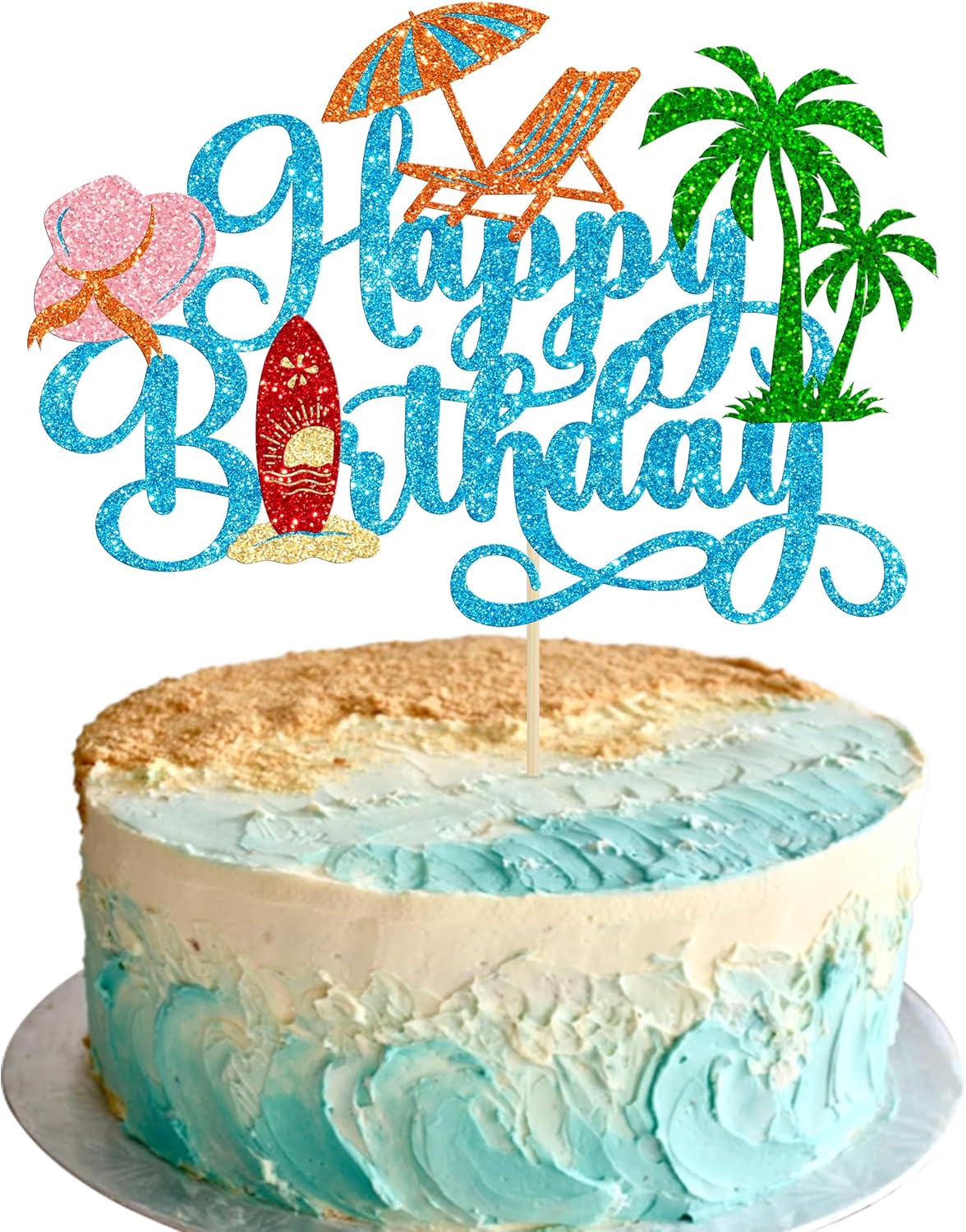 Gyufise 1Pcs Summer Beach Happy Birthday Cake Topper Glitter Ball Tree Umbrella Pool Cake Pick for Hawaiian Holiday Baby Shower Birthday Party Cake Decorations Supplies Blue