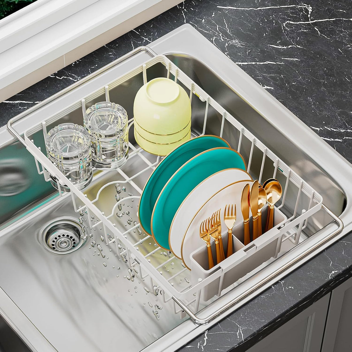 Small Dish Drying Rack in Sink, Expandable Stainless Steel Dish Drainers for Kitchen Counter, with Drain Board & Utensil Holder(White)