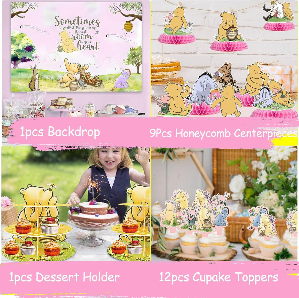 Pink Classic Winnie Baby Shower Decorations Kit, All-in-1 Vintage Winnie Party Supplies Decorations, Classic The Pooh Backdrop Cake Topper, Winnie Baby Tablecloth Honeycomb Decorations for Baby Shower