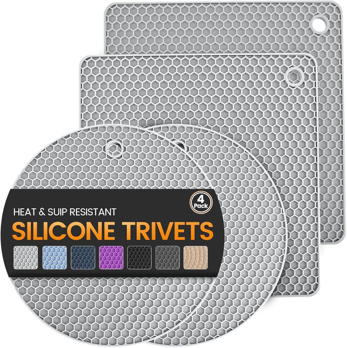 Silicone Trivet Mats 4 Heat Resistant Pot Holders Multipurpose Non-Slip Hot Pads for Kitchen Potholders, Drying mat, Jar Opener, Spoon Holder, Coaster(Nordic Grey)