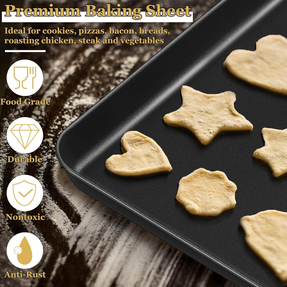 E-far 16x12 Inch Baking Sheet, Non-stick Cookie Sheet Pan for Oven Baking Cooking Roasting, Carbon Steel Tray Metal Bakeware for Jelly Roll Steak, Non-toxic & Warp Resistant, Easy Clean
