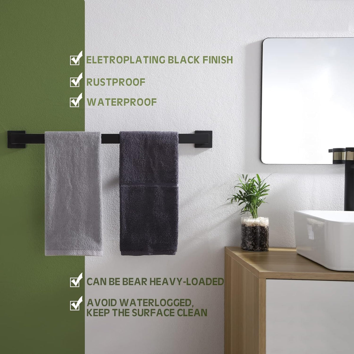 KOKOSIRI 20-Inch Single Towel Bar, Bathroom Kitchen Towel Holder, Wall Mounted SUS304 Stainless Steel Towel Rack 2 Pack, Matte Black, B4003BK-L20-P2
