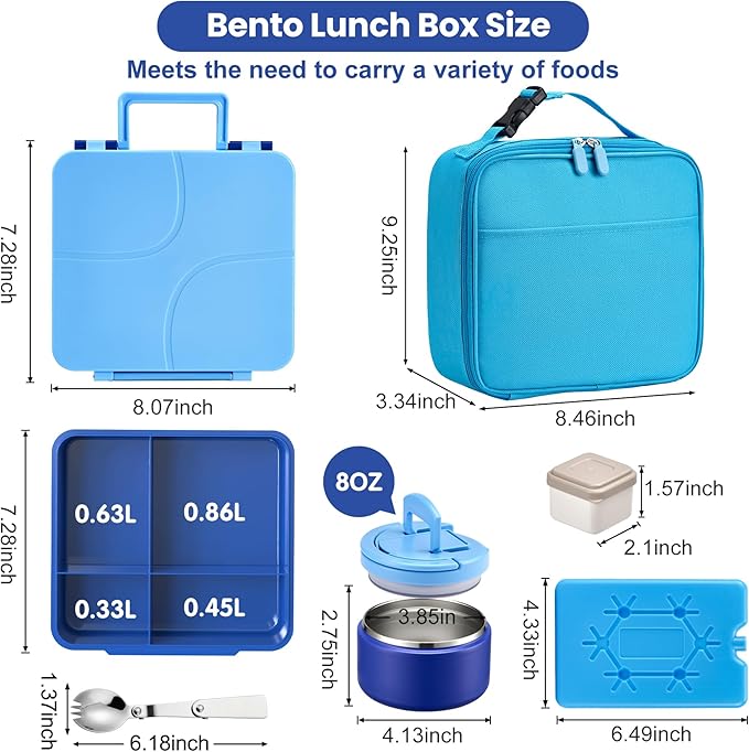 Bento Lunch Box with 8oz Soup Thermo,Kids Leakproof 4 Compartment Lunch Food Containers with Sauce Cup and Ice Pack,Kids Thermo Insulated Hot Food Jar and Lunch Bag for School,Trvael-Blue