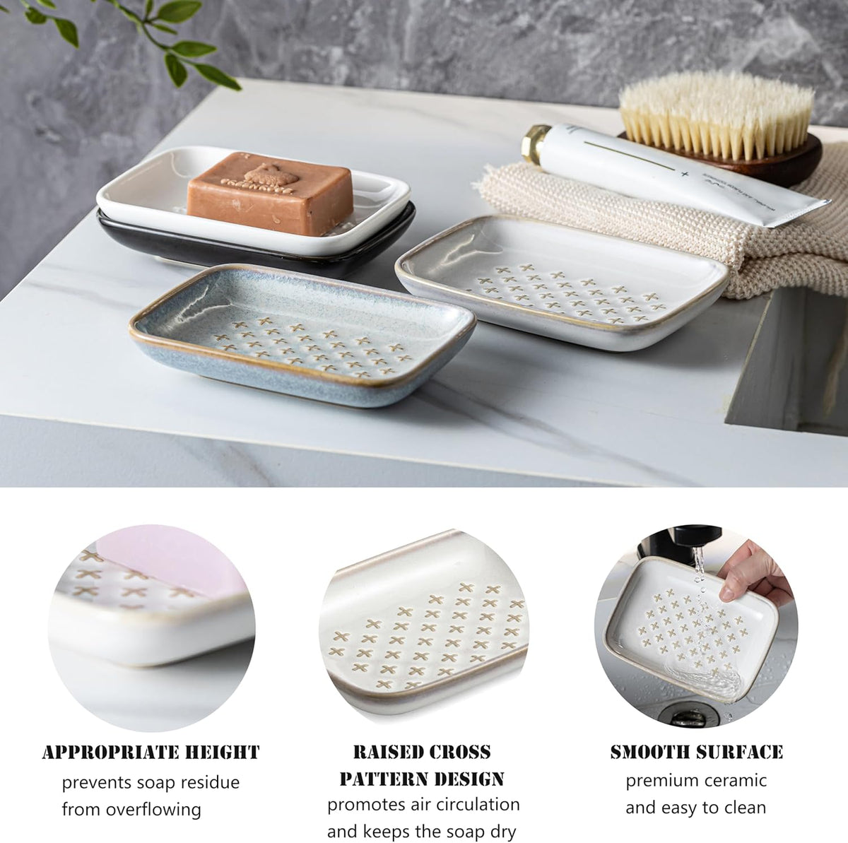 Gomakren Soap Dish, Shower Soap Holder, Ceramic Soap Dishes for Bar Soap Sponge Shampoo, Soap Saver Tray for Bathroom Kitchen Sink Counter, 5.5 Inch, Beige