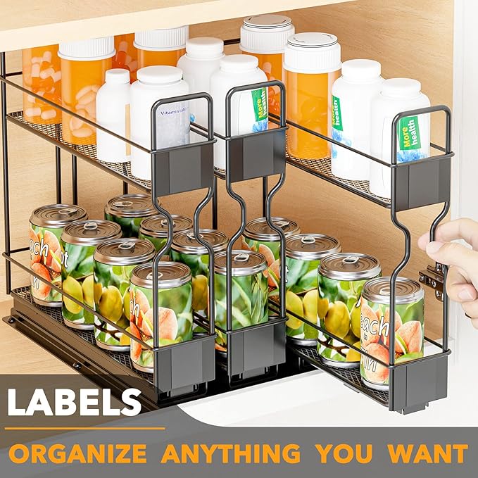 SpaceAid Pull Out Spice Rack Organizer, Heavy Duty Slide Out Seasoning Kitchen Organizer, Cabinet Organizer, with Labels, 7.7" W x10.75 D x10 H, 3 Drawers 2-Tier