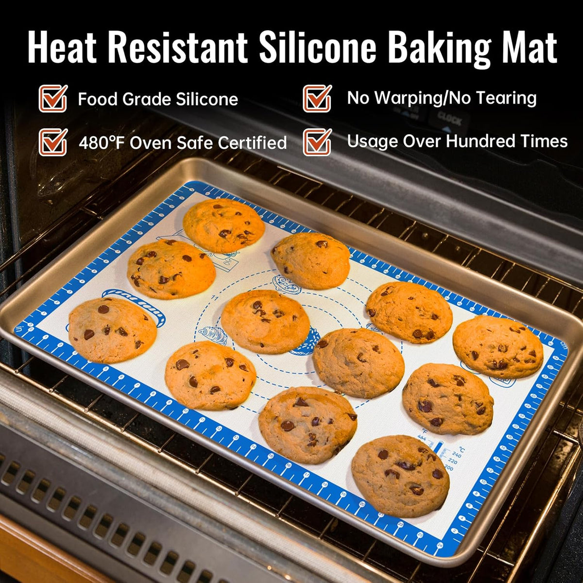 Silicone Baking Mat With 10 Recipes,Silicone Macaron Baking Sheet for Cookie, Pizza, Surdough, Pastry,Dough Rolling out, Non Stik and 480°F Oven Safe