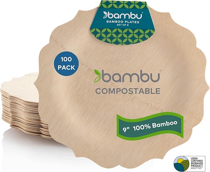 Bambu Pack of 100-9 Inch Disposable Bamboo Plates Fancy, Biodegradable Eco Friendly Products, Bamboo Disposable Plates for Party, Weddings, and Events, Great For Any Occasion - Bulk Case