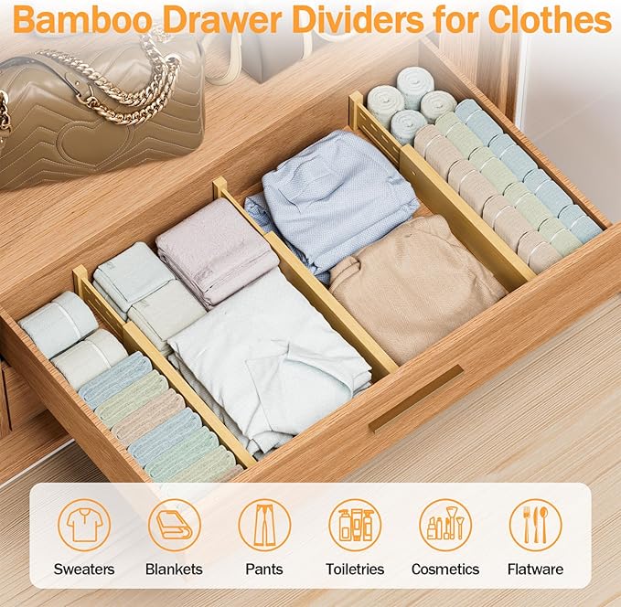 Bamboo Drawer Dividers 4" High, 16.5-22" Adjustable Drawer Organizers for Clothes,Expandable Dresser Separators in Bedroom/Kitchen/Bathroom/Office Organization and Storage,4 Pack