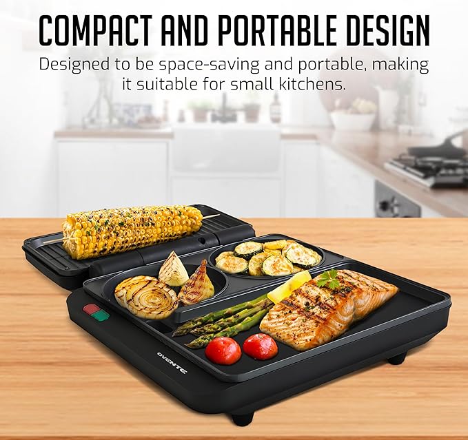 OVENTE Sandwich Maker and Hamburger Grill Machine with Non-Stick Griddle and Griller Plate, 1000W Electric Multipurpose Breakfast Station for Sandwiches, Burgers, Egg Muffin & Pancakes, Black HMG111B