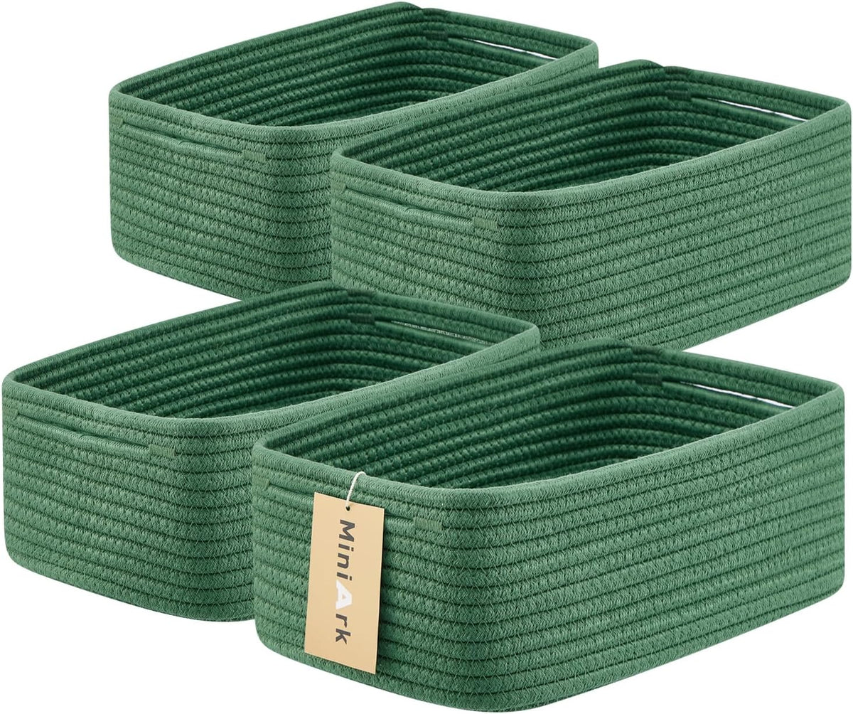 Small Storage Baskets for Organizing | Closet Organizer Bins | Shelf Toy Basket | Woven Rope Baskets | Cube Decorative Box | Shallow Basket | 13x8.5x5.1” | 4 Packs Green