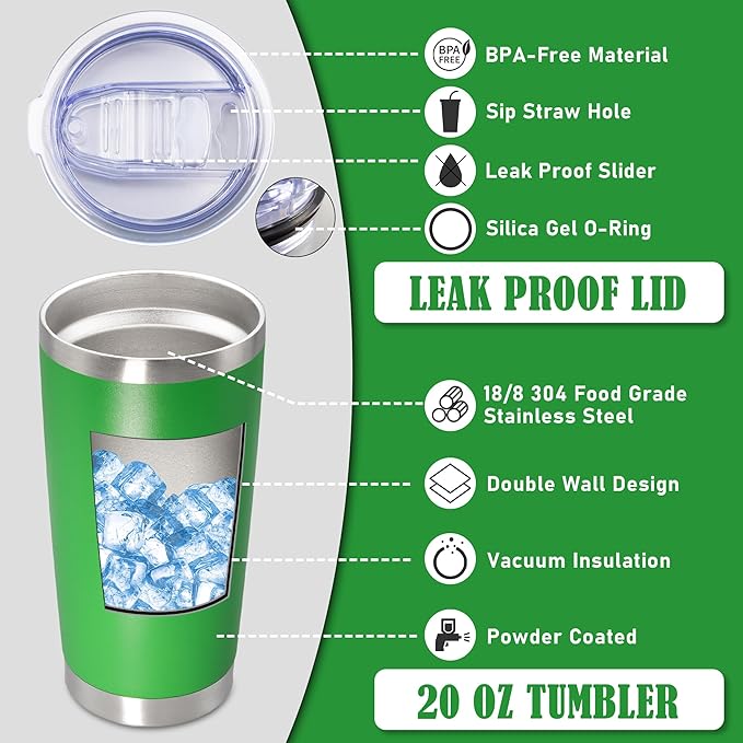 20 oz Tumbler Coffee Travel Tumblers Bulk with Lid Stainless Steel Double Wall Vacuum Insulated Mug Powder Coated Cups fit Car Cupholder for Hot and Cold - Green, 4Pack