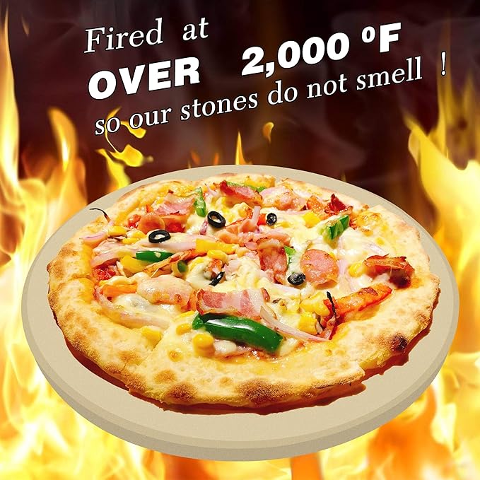 VIKEYHOME Round Pizza Stone, Heavy Duty Cordierite Pizza Grilling Stone, Baking Stone, Pizza Pan, Perfect for Oven, BBQ and Grill, Thermal Shock Resistant, Durable and Safe, 12 Inch Round, 4.6Lbs