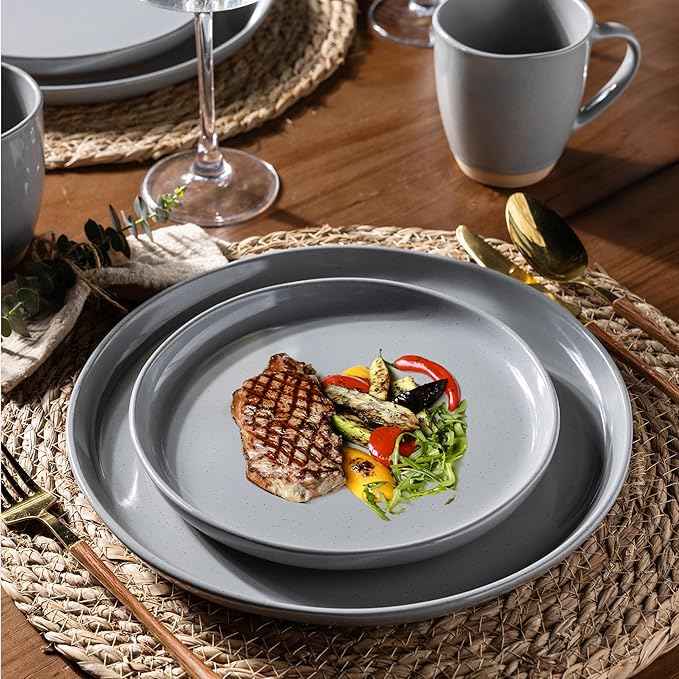AmorArc Ceramic Dinnerware Sets for 4, 12 Pieces Handpainted Plates and Bowls Set with Rustic Terracotta Underside, Scratch Resistant Stoneware Dishes Set, Dishwasher & Microwave Safe, Gray