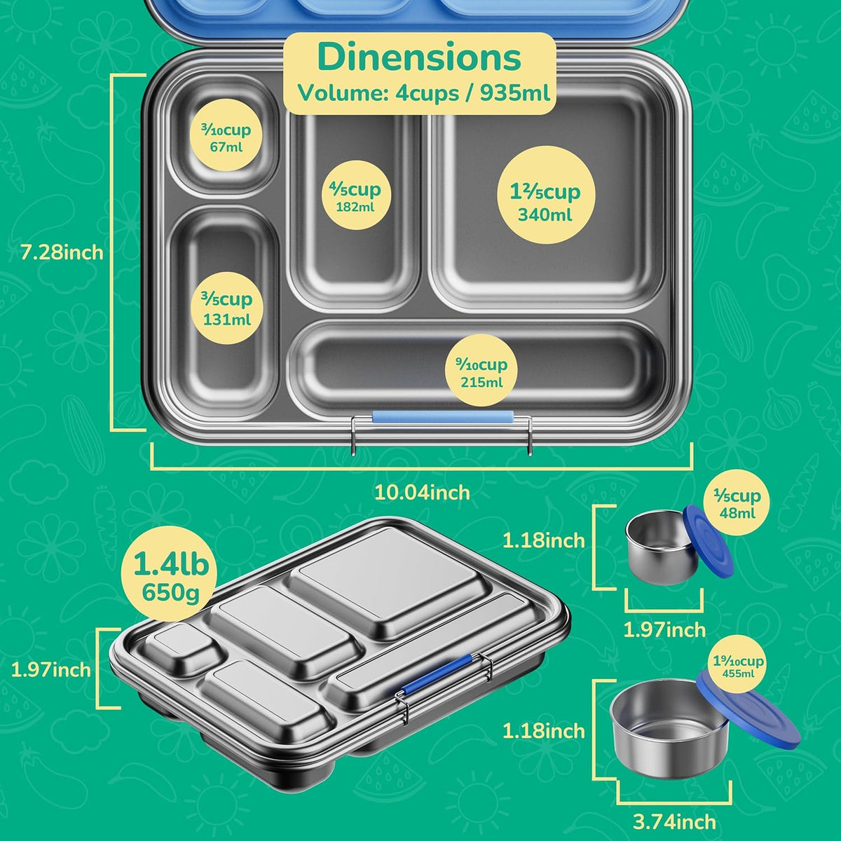 Stainless Steel Bento Box Kids, Kids Metal Bento Lunch Box BPA Free Lunch Box Containers 304 Stainless Steel Bento Box for School and Office(Green)