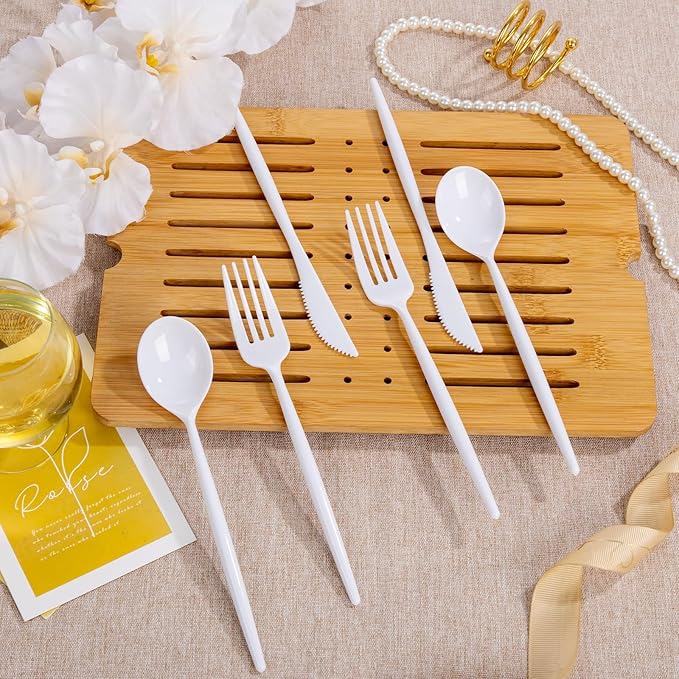 Supernal 360pcs White Plastic Silverware Heavy Duty Disposable Cutlery Set Includes White Party Knives,Plastic Forks and Spoons Suitable July 4th,Weddings & Birthday