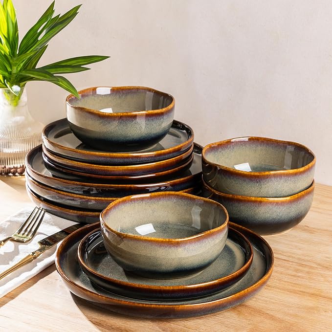 TheTerra Ceramic Dinnerware Sets for 4, 12 Pieces Porcelain Lightweight Plates and Bowls Sets, Scratch Resistant Dish Set, Oven & Microwave & Dishwasher Safe, Coffee Bean