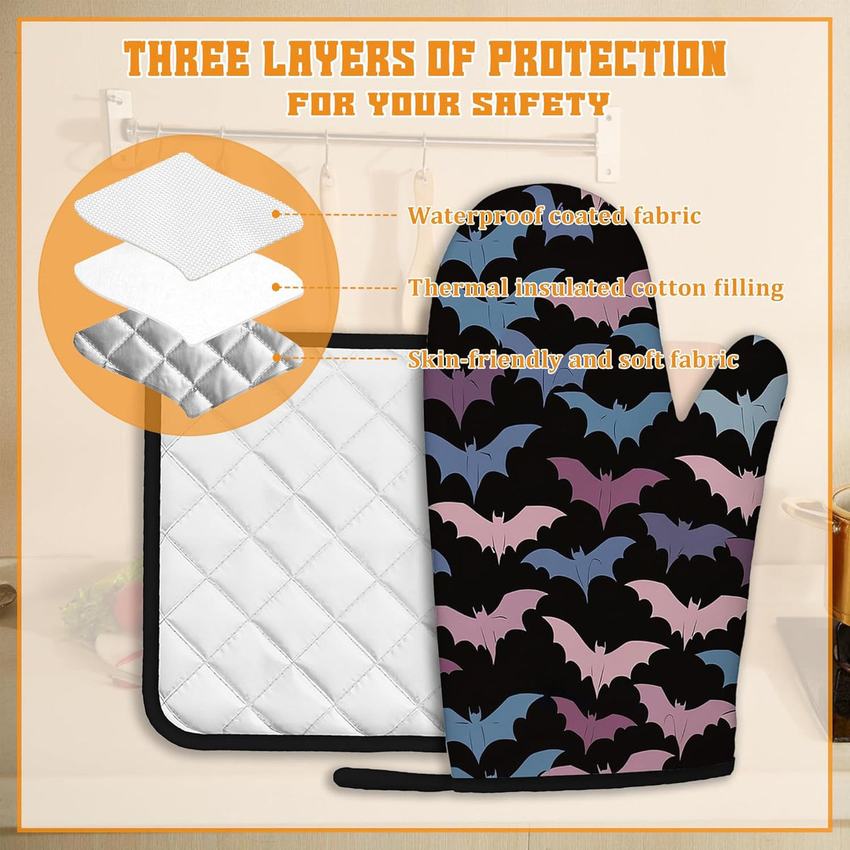 Colorful Bats Oven Mitts and Pot Holders Set,Kitchen Oven Gloves and Pot Holder with Heat Resistant Non Slip for Cooking Baking Grilling(4 Piece Set)