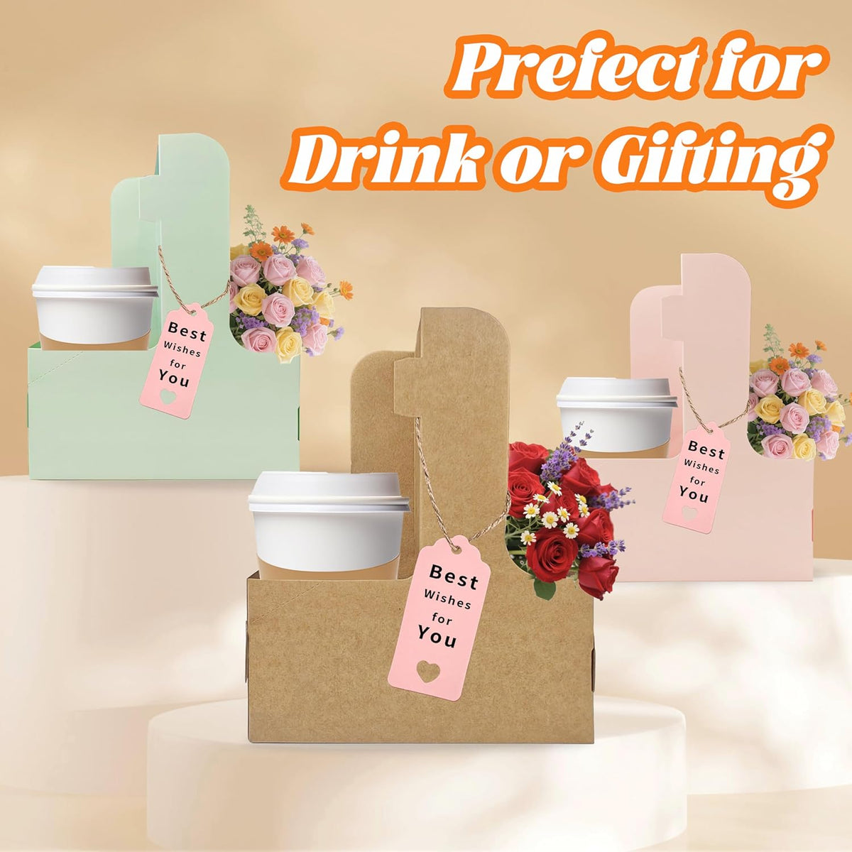 2 Cup Drink Carrier,32 Pack Coffee Cup Holders with Handle,Cardboard Cup Holders for Hot or Cold Drinks,Coffee Carrier with Ribbon and Card,Food Delivery Services and Bouquet(Green)