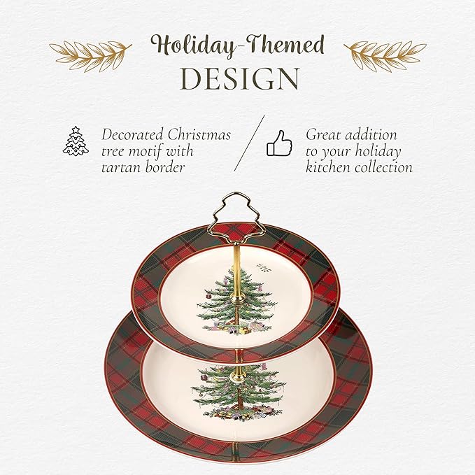 Spode Christmas Tree Tartan 2-Tiered Server, Holiday Cupcake Stand, Dessert Display Set, Earthenware Serving Platter, 10" & 8" Plates, Dishwasher Safe Serveware for Appetizers, Desserts, Cookies