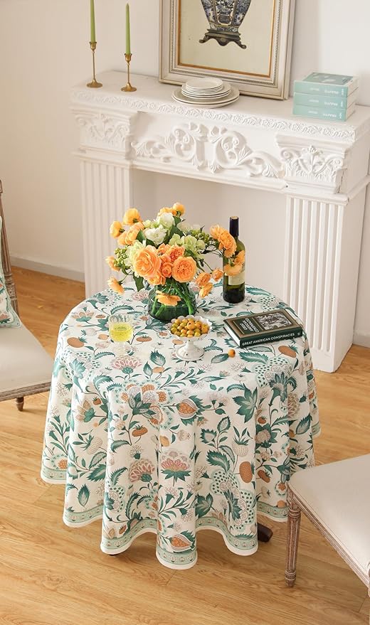 patdrea Designer Small Vintage Green Round Table Cloth,French Floral Country Linen Durable Tablecloth,Wrinkle Free Cover for Kitchen Dining,Christmas,Thanksgiving,Diameter 55"-Tree Life