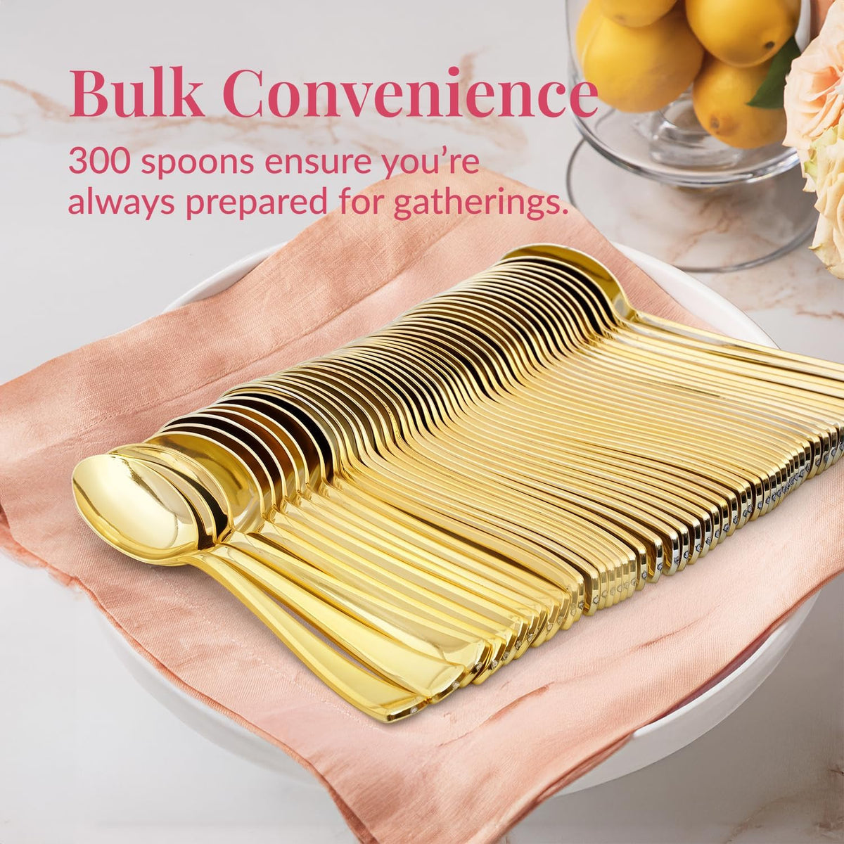 Prestee Gold Plastic Spoons, 300 Pc, Disposable Spoon Cutlery Flatware Pack for Party, Wedding Events, Sparkle & Glamour - Plastic Utensil Set for Parties, Events and Everyday Use