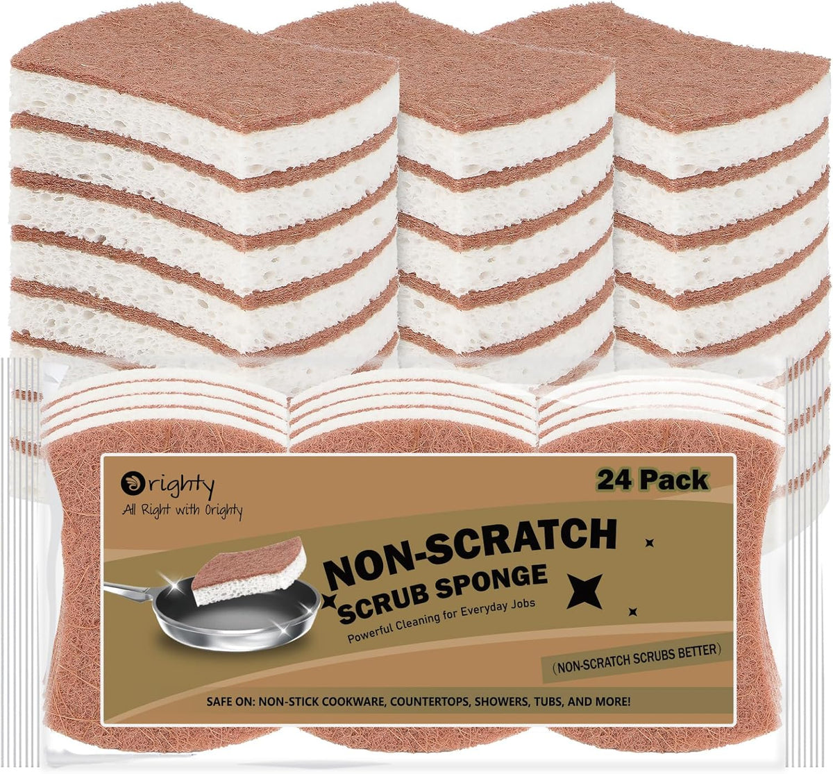Orighty Non-Scratch Scrub Sponge, 24-Pack, Cellulose Kitchen Scrubber Sponges, Ideal for Kitchen Cleaning, Non-Stick Cookware, Washing Dishes, Bathroom, and Household