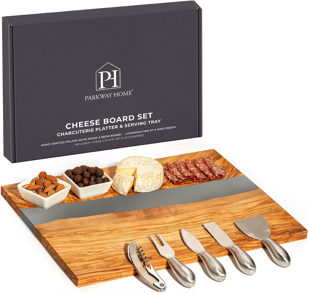 Handcrafted Italian Olive Wood Cheese & Charcuterie Board Set with Unique Gray Resin Artwork - Cutting Board Comes with 4 Cheese Knives, 2 Dipping Bowls & Corkscrew Wine Opener (Gray)