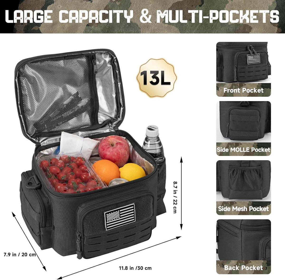 QT&QY Tactical Lunch Bag for mens Military heavy duty lunch box work Leakproof insulated Durable Thermal Cooler Bag for Adult Meal for Office Camping Picnic Pail MOLLE Webbing Black