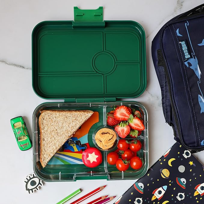 Yumbox Tapas 4-Compartment Bento Lunch Box, Large Size, Perfect for Sandwiches, Eco-friendly, Leakproof (Greenwich Green- Race Cars Tray)