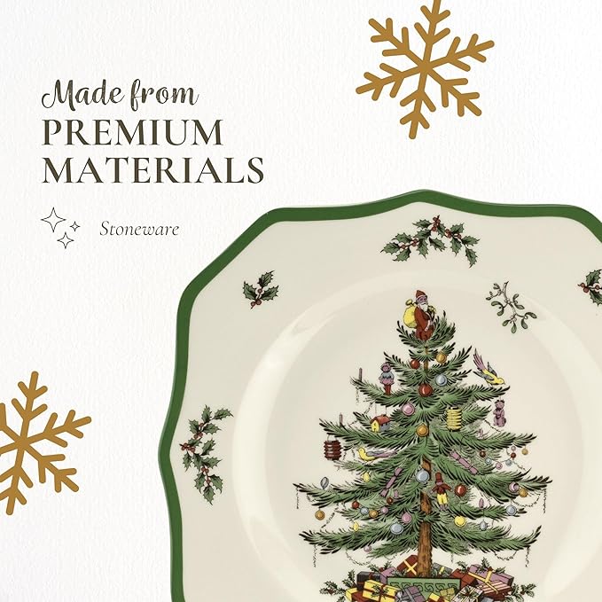 Spode Christmas Tree Scalloped Dinner Plate (Set of 4) - Holiday Stoneware Large Plates - 10.5 Inch Christmas Dinner Dishes, Colorful Gifts & Mistletoe Accents - Dishwasher & Microwave Safe