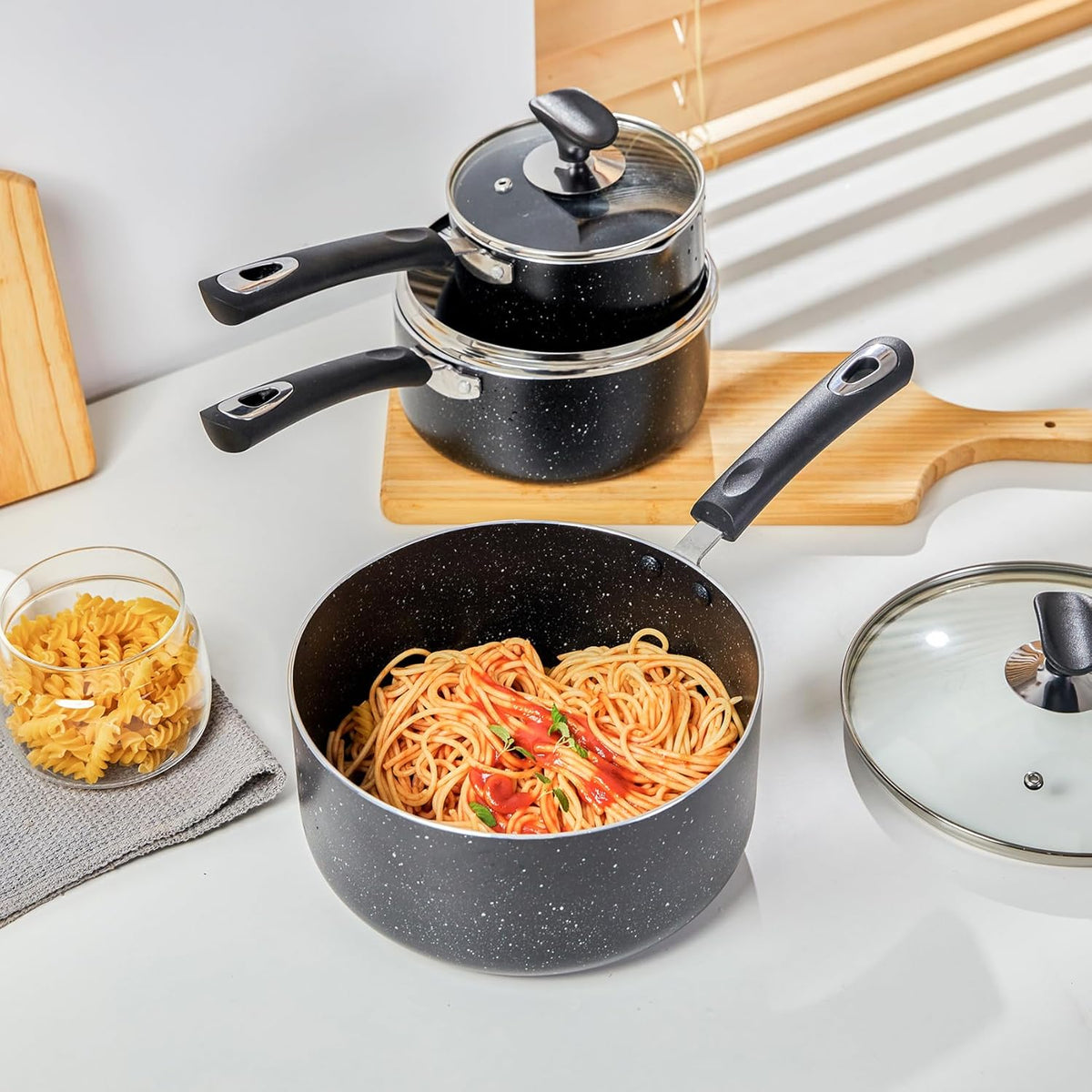 Nonstick Saucepan Set - 3-Pieces Pot Set 1 Quart & 2 Quart & 3 Quart,Ultra Non Stick Sauce Pan Small Pot with Glass Lid,Great for Home Kitchen Restaurant,Black