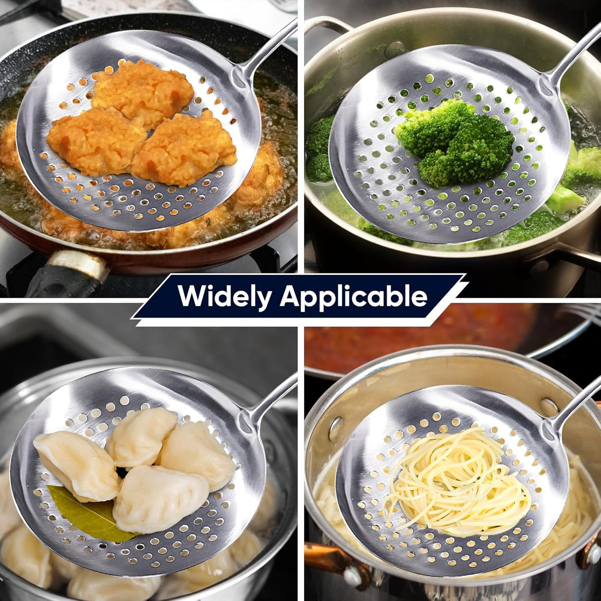 Newness Slotted Spoon, [Rustproof, Integral Forming, Durable] 304 Stainless Steel Widen Skimmer with Vacuum Ergonomic Handle, Comfortable Grip Design Strainer Ladle for Kitchen, 16.93 Inches