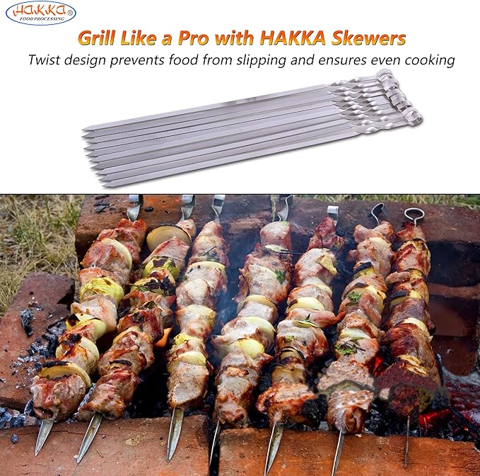 Hakka Stainless Steel Barbecue Skewers, 23" Heavy Duty Metal Skewers Large Wide Grilling Reusable Kabob Sticks with NonSlip Ring Handle,Set of 10