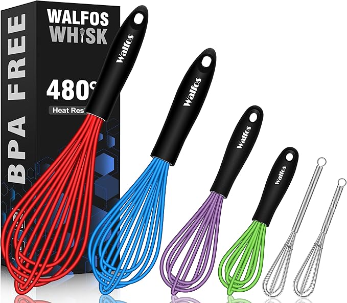 Walfos Silicone Whisk, Sturdy Stainless Steel Wire Kitchen Whisks, Heat Resistant up to 480℉ Whisk For Cooking Non Scratch, Multicolor 5+7+9+11in Whisks & 5+7in Mini Wisk, Great for home baking.