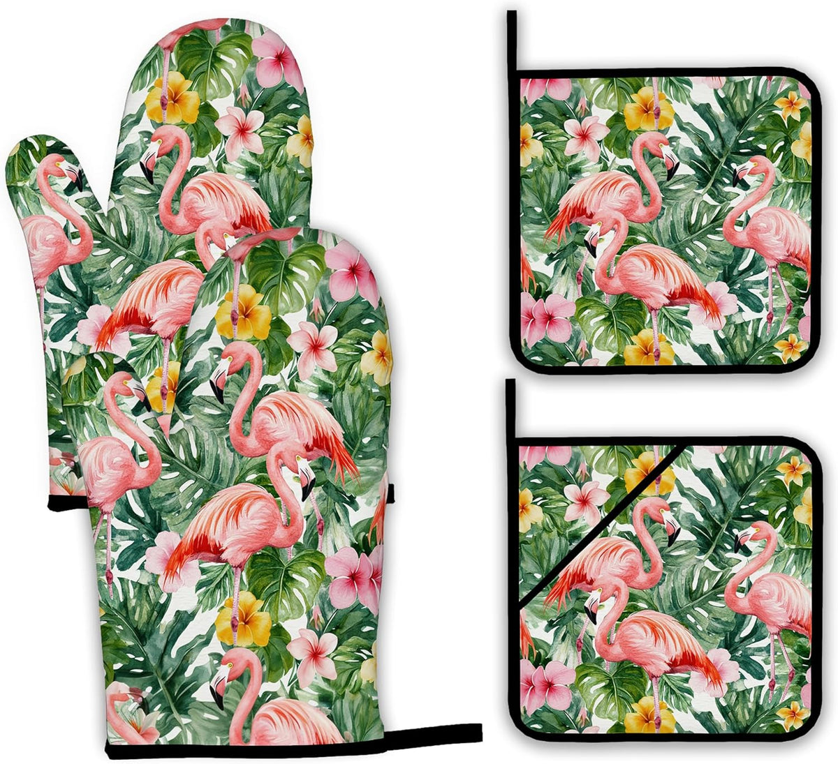 Palm Leaf Oven Mitts and Pot Holders Set,Flamingo Tropical Kitchen Oven Gloves and Pot Holder with Heat Resistant Non Slip for Cooking Baking Grilling(4 Piece Set)