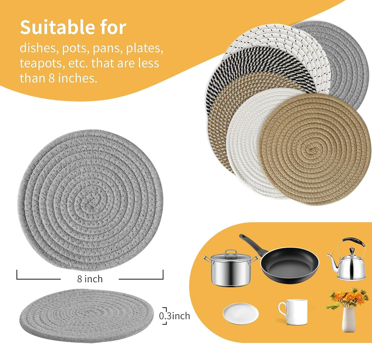 RIOOP Trivets for Hot Dishes Pots and Pans, 8 Inches Heat Resistant Large Coaster for Kitchen, Anti Stain Hot Pads Plate Mats for Countertops Table Kitchen Essentials Farmhouse Halloween Decor, 6 Pcs